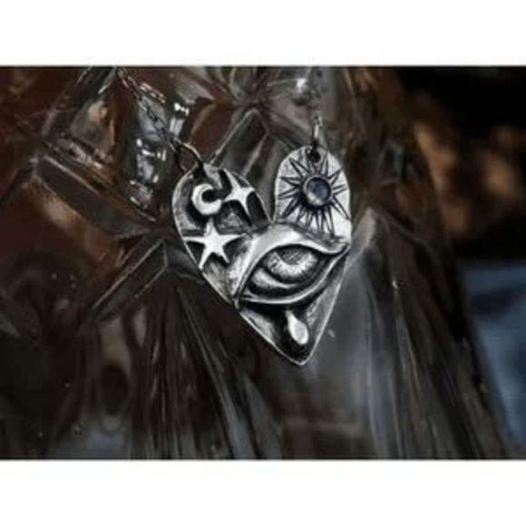Silver Celestial Moonstone Crying Eye Sun Heart Pendant Necklace - Picture 7 of 9